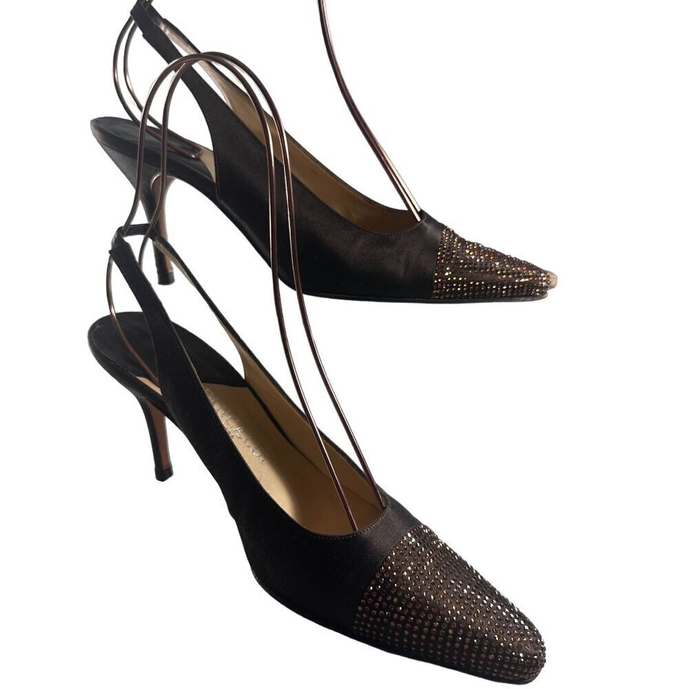 Pancaldi Sling Back Heels Womens Satin Pointed Toe Rhinestones Pumps Shoes